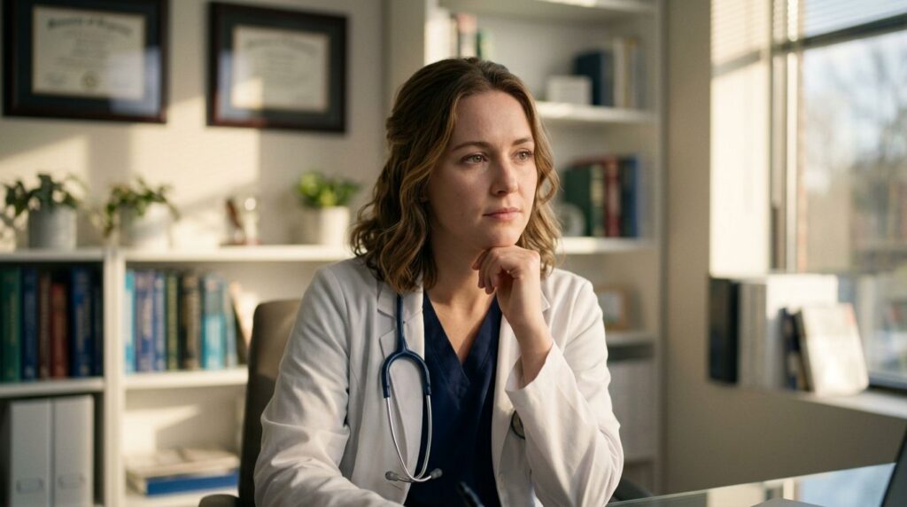 Doctor in a white coat at her office desk, resting her chin on her hand in thought