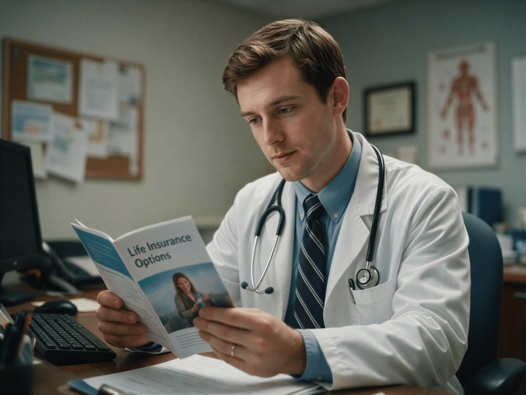 Young doctor at a desk reading a Life Insurance Options pamphlet