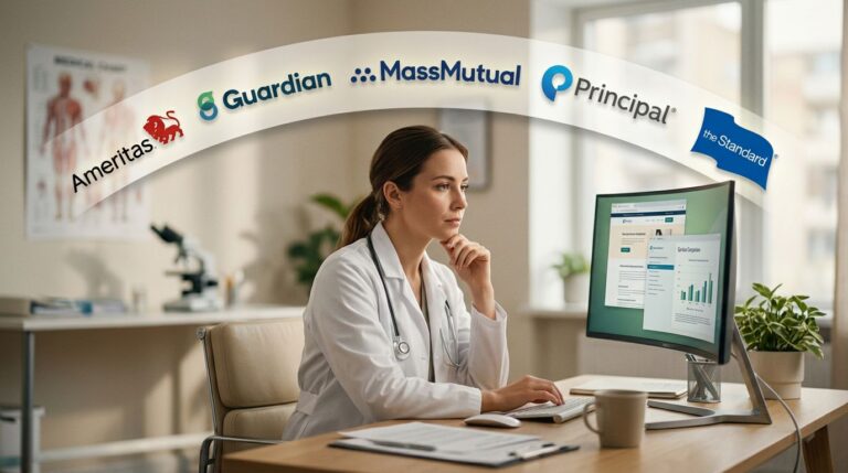 Physician at her computer beneath logos of Ameritas, Guardian, MassMutual, Principal and The Standard