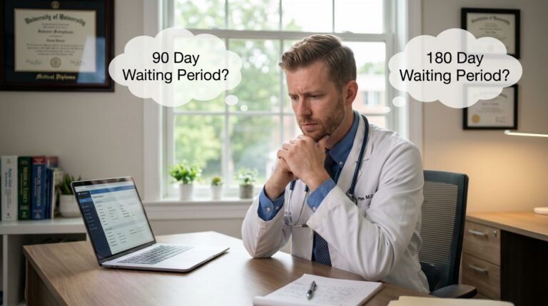 Physician at his desk weighing thought bubbles: 90 Day Waiting Period? and 180 Day Waiting Period?