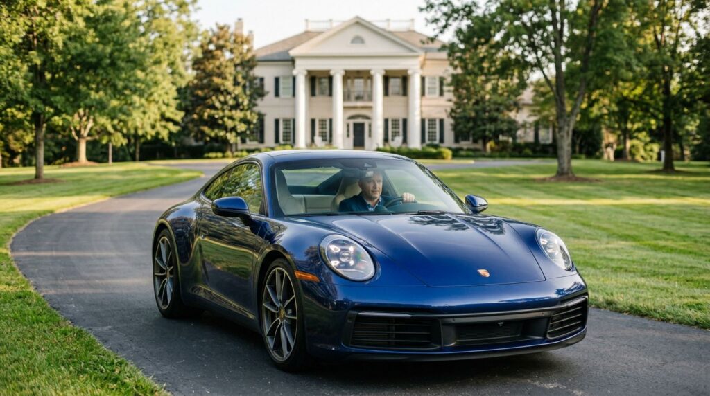Blue sports car on a tree-lined drive in front of a large columned house