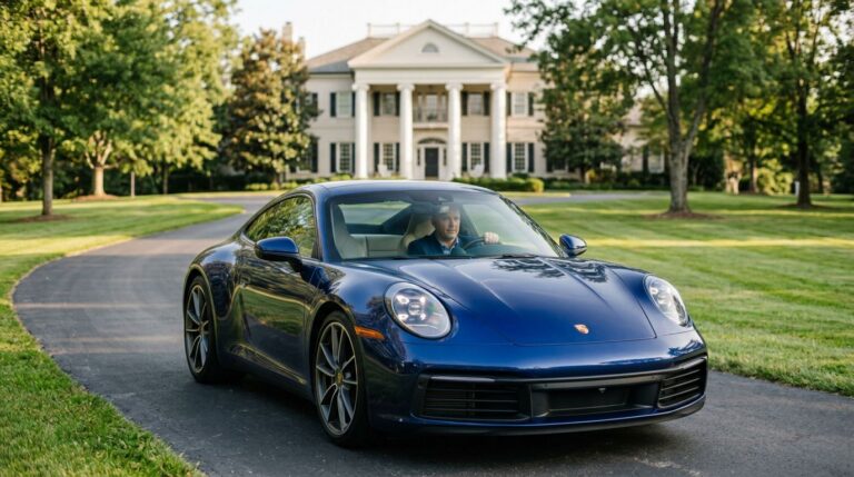 Blue sports car on a tree-lined drive in front of a large columned house